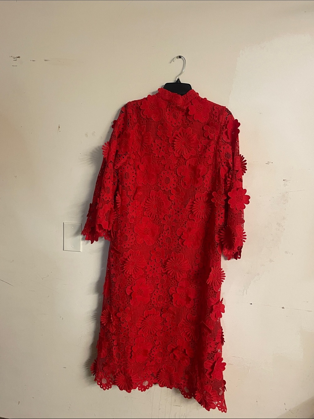 Red 3D Floral Midi Dress with Lace Overlay - Picture 8 of 9